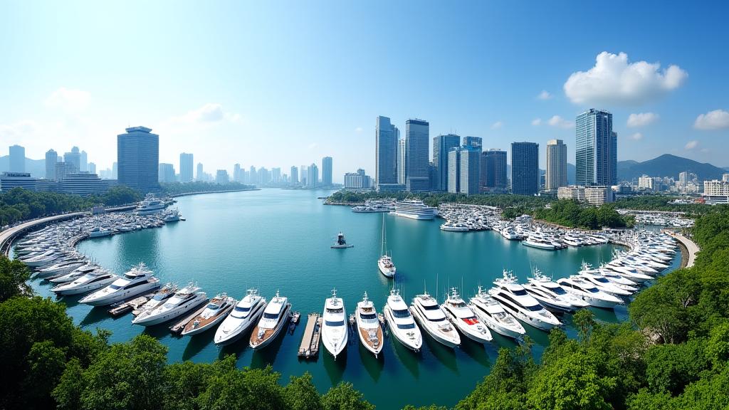 Panoramic view of Marina at Keppel Bay with luxury yachts docked.