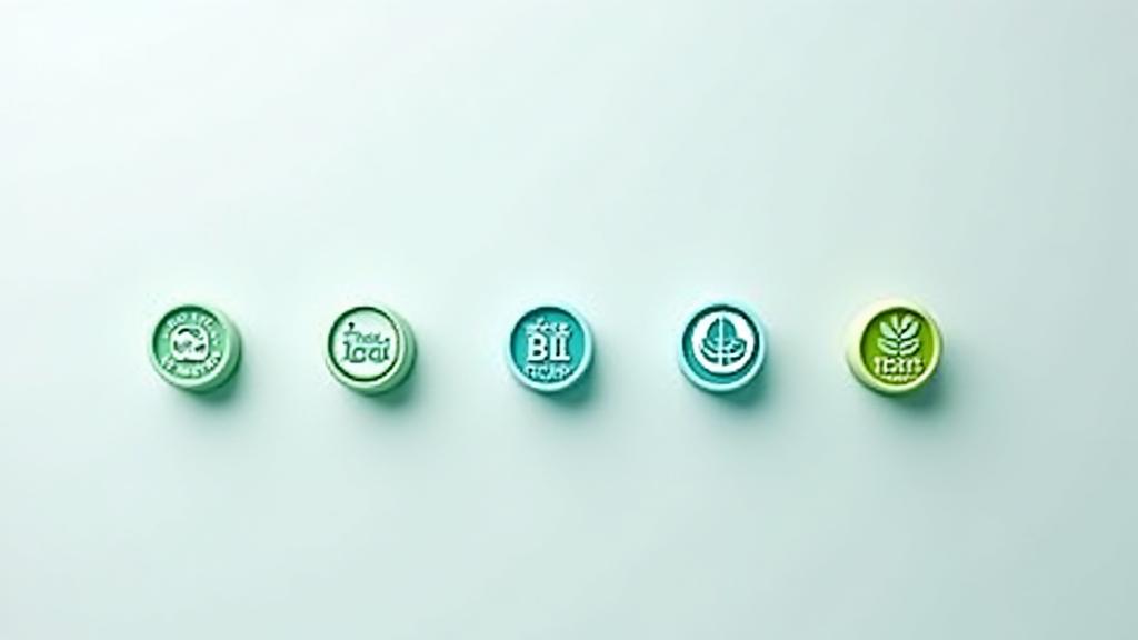 Įvairūs tvarumo sertifikatų logotipai ir simboliai, esantys švarioje, modernioje aplinkoje, simbolizuojantys atitikimą ir pasiekimus.
