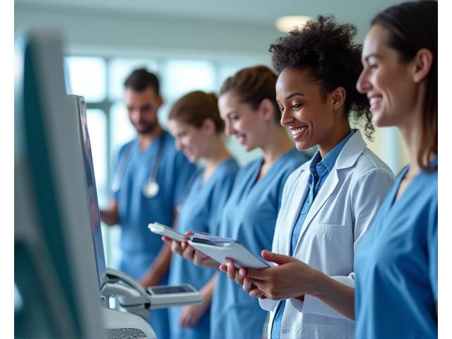 Medicinos darbuotojas, efektyviai naudojantis planšetinį kompiuterį skaitmeniniams dokumentams, pabrėžiant darbo eigos efektyvumą