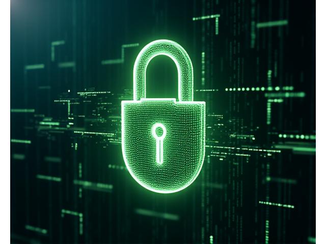 Digital lock icon with lines of code and abstract security elements, illustrating robust data security measures for scanning.